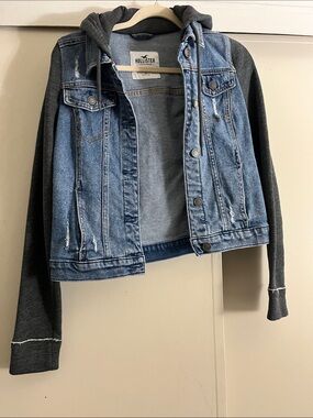 Hollister Blue Denim Jacket with Dark Gray Hoodie
